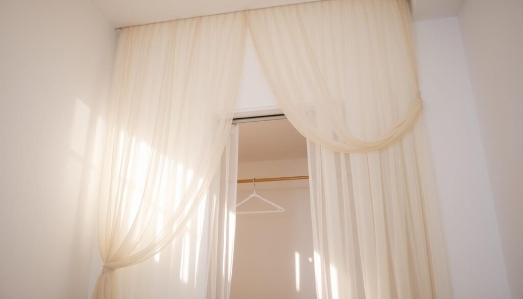 A bright, airy bedroom with an open closet space, featuring a beautifully draped sheer curtain cascading from the ceiling, creating a soft, ethereal ambiance. The curtain is made of delicate, flowing fabric, such as chiffon or voile, in a neutral tone that complements the room's color palette. Gentle natural light filters through the curtain, casting a warm, diffused glow throughout the space. The curtain is arranged in graceful folds and pleats, adding a touch of elegance and a sense of movement. The open closet space is visible behind the curtain, suggesting a minimalist, uncluttered design aesthetic. The overall scene exudes a serene, relaxed atmosphere, making it an inviting and practical alternative to traditional closet doors.