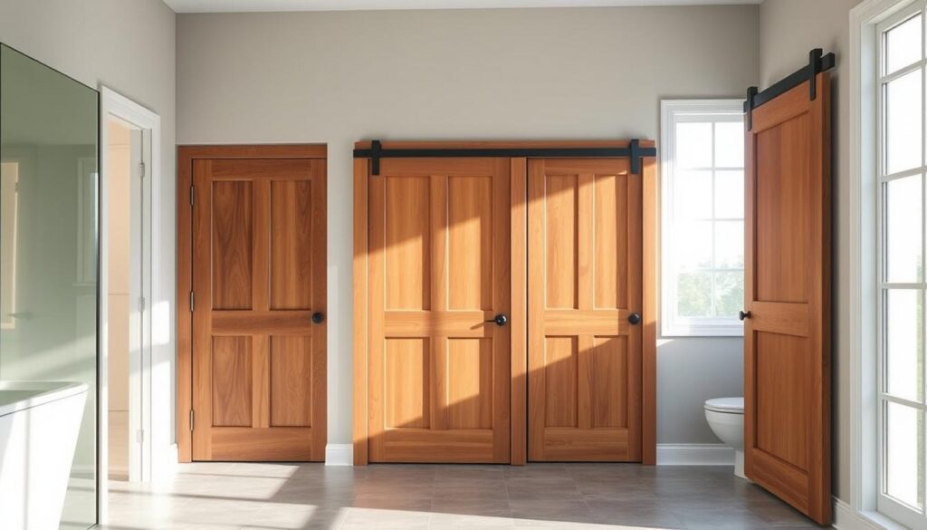 A bright, well-lit bathroom interior showcasing a variety of bathroom door styles. In the foreground, a set of sleek, frameless glass doors with a minimalist, modern aesthetic. In the middle ground, traditional wood panel doors in rich, warm tones. In the background, a sliding barn-style door and a hinged door with decorative glass panels. The scene is illuminated by natural light streaming through large windows, creating a spa-like ambiance. The doors are positioned to highlight their unique designs, textures, and functionality, providing a comprehensive overview of the different bathroom door solutions available.