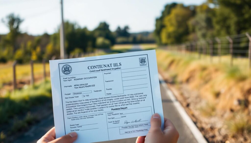 A bureaucratic document representing official consent for roadway occupation, held in the foreground by a person's hands against a blurred background of a rural road, trees, and a property fence. The document appears to be made of official-looking paper with stamps and signatures, conveying a sense of formal authorization. The lighting is soft and natural, creating a sense of legitimacy and compliance. The composition emphasizes the importance of the document in the context of gaining access to a property through a roadside ditch, in line with the article's subject matter. A bureaucratic document representing official consent for roadway occupation, held in the foreground by a person's hands against a blurred background of a rural road, trees, and a property fence. The document appears to be made of official-looking paper with stamps and signatures, conveying a sense of formal authorization. The lighting is soft and natural, creating a sense of legitimacy and compliance. The composition emphasizes the importance of the document in the context of gaining access to a property through a roadside ditch, in line with the article's subject matter.