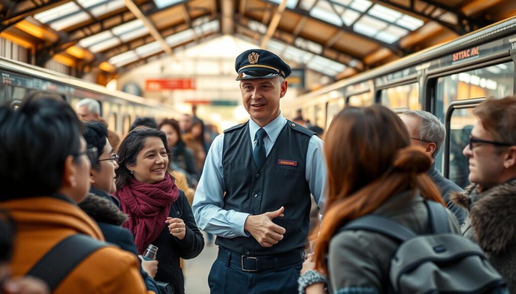 A bustling train station platform, with a uniformed train conductor standing at the center, engaged in conversation with a group of passengers. The conductor's expression is attentive and helpful, their body language open and inviting. The platform is well-lit, with warm, natural lighting filtering in from large windows. The passengers, diverse in age and appearance, appear engaged and responsive, their faces animated as they interact with the conductor. The scene conveys a sense of efficient, courteous communication between the train staff and the traveling public, reflecting the important role of personnel in facilitating a smooth and pleasant train journey.