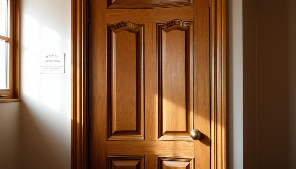 A classic wooden interior door with intricate raised panels, delicate carvings, and a warm, natural finish. The door is flanked by ornate brass hinges and a polished brass doorknob, exuding an elegant, timeless aesthetic. Soft, diffuse lighting from a nearby window casts a gentle glow, highlighting the door's subtle texture and highlighting the craftsmanship. The door is set against a backdrop of neutral-toned walls, creating a harmonious, sophisticated atmosphere that complements the classic style.