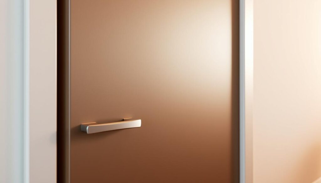 A close-up shot of a modern, sleek door with a seamless, flush surface, showcasing the defining feature of a frameless, gapless design. The door's smooth, uninterrupted edges create a clean, minimalist aesthetic, emphasizing the absence of traditional door frames or visible hinges. Warm, directional lighting casts subtle shadows, highlighting the door's precise construction and attention to detail. The background is softly blurred, allowing the door's elegant simplicity to take center stage, conveying a sense of modern sophistication and effortless functionality.