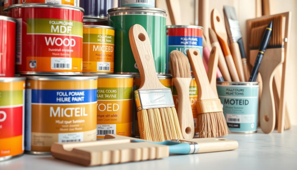 A close-up shot of an array of high-quality paint cans and brushes, showcasing the best paint options for MDF doors. The paint cans feature vibrant, durable colors suitable for wood surfaces, with clear labels indicating their suitability for MDF. The brushes are a mix of various sizes and types, allowing for precise application and smooth finishes. The scene is well-lit, with a soft, natural light that highlights the textures and details of the materials. The overall mood is one of professionalism and expertise, conveying the knowledge and care required for successfully painting MDF doors. A close-up shot of an array of high-quality paint cans and brushes, showcasing the best paint options for MDF doors. The paint cans feature vibrant, durable colors suitable for wood surfaces, with clear labels indicating their suitability for MDF. The brushes are a mix of various sizes and types, allowing for precise application and smooth finishes. The scene is well-lit, with a soft, natural light that highlights the textures and details of the materials. The overall mood is one of professionalism and expertise, conveying the knowledge and care required for successfully painting MDF doors.