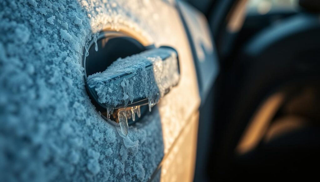 A close-up view of a car door handle, partially obscured by ice and frost. The door is slightly open, revealing a sliver of the interior. The lighting is harsh, casting long shadows that accentuate the frozen textures. The background is blurred, emphasizing the focal point of the icy door. The overall mood is one of winter's chill, with the viewer sensing the challenge of breaking through the frozen barrier to access the warmth within.