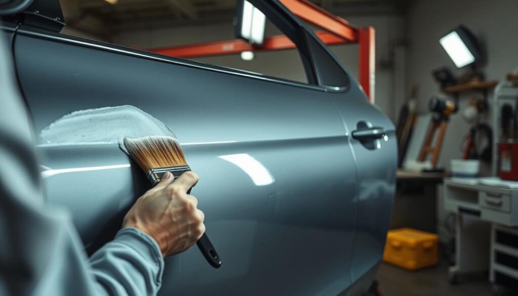 A close-up view of a car door undergoing the painting process. In the foreground, a worker meticulously applies a layer of primer paint to the door's surface, smoothing it out with a high-quality brush. In the middle ground, the door is suspended on a specialized paint rack, illuminated by soft, even lighting that casts subtle shadows, revealing the intricate textures of the metal. In the background, a well-organized workshop space with various painting tools and equipment can be seen, conveying a sense of professionalism and attention to detail. The overall scene evokes a focused, methodical approach to the car painting process, with a calm, almost meditative atmosphere. A close-up view of a car door undergoing the painting process. In the foreground, a worker meticulously applies a layer of primer paint to the door's surface, smoothing it out with a high-quality brush. In the middle ground, the door is suspended on a specialized paint rack, illuminated by soft, even lighting that casts subtle shadows, revealing the intricate textures of the metal. In the background, a well-organized workshop space with various painting tools and equipment can be seen, conveying a sense of professionalism and attention to detail. The overall scene evokes a focused, methodical approach to the car painting process, with a calm, almost meditative atmosphere.