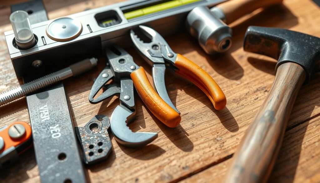 A close-up view of a selection of tools used for adjusting and repairing exterior doors, including a spirit level, a screwdriver set, pliers, a wrench, and a hammer, all arranged neatly on a wooden surface with natural lighting creating soft shadows. The tools appear well-used but in good condition, conveying a sense of functionality and practicality. The overall mood is one of a professional, workshop-like setting, ready to tackle the task of optimizing the security and insulation of exterior doors. A close-up view of a selection of tools used for adjusting and repairing exterior doors, including a spirit level, a screwdriver set, pliers, a wrench, and a hammer, all arranged neatly on a wooden surface with natural lighting creating soft shadows. The tools appear well-used but in good condition, conveying a sense of functionality and practicality. The overall mood is one of a professional, workshop-like setting, ready to tackle the task of optimizing the security and insulation of exterior doors.