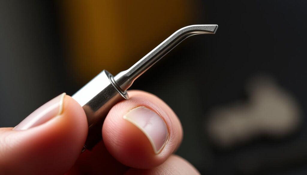 A close-up view of a stainless steel lock pick, also known as a "wytrych" in Polish. The pick is held in a skilled hand, its metal body glistening under focused studio lighting. The pick's distinctive shape, with a curved tip and a series of ridges along the shaft, is clearly visible. The background is blurred, placing the lock pick in sharp focus and emphasizing its purpose as a specialized tool for opening locked doors. The image conveys a sense of precision, expertise, and the practical application of this tool in the context of the article's subject matter. A close-up view of a stainless steel lock pick, also known as a "wytrych" in Polish. The pick is held in a skilled hand, its metal body glistening under focused studio lighting. The pick's distinctive shape, with a curved tip and a series of ridges along the shaft, is clearly visible. The background is blurred, placing the lock pick in sharp focus and emphasizing its purpose as a specialized tool for opening locked doors. The image conveys a sense of precision, expertise, and the practical application of this tool in the context of the article's subject matter.