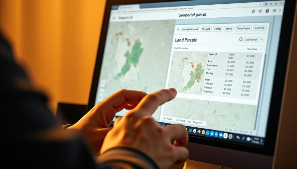 A close-up view of a user's hands navigating through the Geoportal.gov.pl website on a desktop computer screen, showcasing the detailed maps and land parcel information displayed. The scene is bathed in warm, diffuse lighting, creating a calm and professional atmosphere. The user's interactions with the interface are crisp and precise, reflecting the intuitive and user-friendly nature of the online tool. The background is slightly blurred, keeping the focus on the foreground action and the informative content presented on the screen. A close-up view of a user's hands navigating through the Geoportal.gov.pl website on a desktop computer screen, showcasing the detailed maps and land parcel information displayed. The scene is bathed in warm, diffuse lighting, creating a calm and professional atmosphere. The user's interactions with the interface are crisp and precise, reflecting the intuitive and user-friendly nature of the online tool. The background is slightly blurred, keeping the focus on the foreground action and the informative content presented on the screen.
