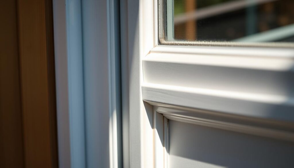 A close-up view of a well-sealed exterior door, with a focus on the weatherstripping and caulking around the frame. The door is made of sturdy wood or metal, with a clean, modern design. The lighting is bright and natural, casting long shadows that highlight the door's details. The background is slightly blurred, emphasizing the door's prominence. The overall scene conveys a sense of energy efficiency, comfort, and attention to detail in home improvement. A close-up view of a well-sealed exterior door, with a focus on the weatherstripping and caulking around the frame. The door is made of sturdy wood or metal, with a clean, modern design. The lighting is bright and natural, casting long shadows that highlight the door's details. The background is slightly blurred, emphasizing the door's prominence. The overall scene conveys a sense of energy efficiency, comfort, and attention to detail in home improvement.