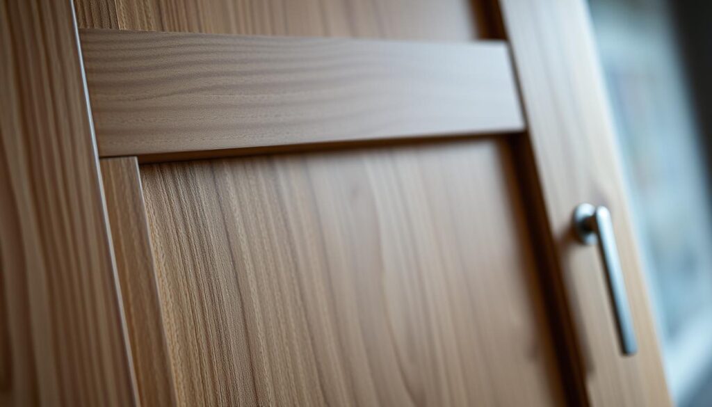 A close-up view of a wooden door, its surface textured with a distinct grain pattern. The door is flush-mounted, with no visible gaps or seams around the edges, indicating a flush or inset construction. The door's hardware, such as the hinges and handle, are minimal and integrated into the design, further emphasizing the seamless appearance. The lighting is soft and diffused, casting subtle shadows that accentuate the door's depth and materiality. The background is blurred, keeping the focus solely on the door and its distinctive features that characterize it as a flush-mounted, or inset, door design. A close-up view of a wooden door, its surface textured with a distinct grain pattern. The door is flush-mounted, with no visible gaps or seams around the edges, indicating a flush or inset construction. The door's hardware, such as the hinges and handle, are minimal and integrated into the design, further emphasizing the seamless appearance. The lighting is soft and diffused, casting subtle shadows that accentuate the door's depth and materiality. The background is blurred, keeping the focus solely on the door and its distinctive features that characterize it as a flush-mounted, or inset, door design.