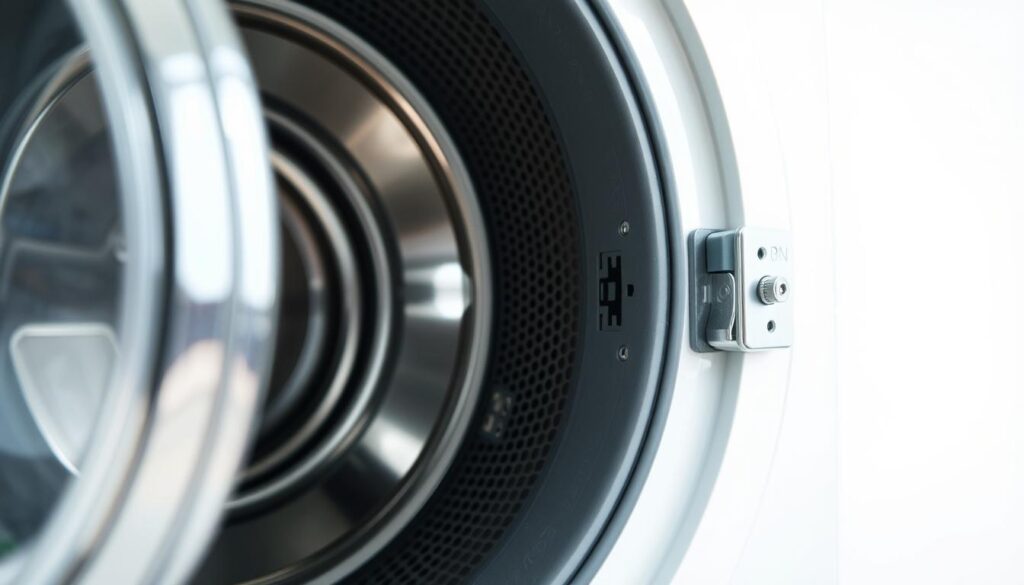 A close-up view of the front panel of a washing machine, with a focus on the door mechanism and latch. The image should capture the intricate details of the latch assembly, including any visible screws, hinges, or other components that could be used to manually open the door without a key. The lighting should be clear and bright, allowing for a detailed inspection of the inner workings. The background should be clean and uncluttered, emphasizing the task at hand. The overall mood should convey a sense of problem-solving and technical exploration, without being overly complex or cluttered. A close-up view of the front panel of a washing machine, with a focus on the door mechanism and latch. The image should capture the intricate details of the latch assembly, including any visible screws, hinges, or other components that could be used to manually open the door without a key. The lighting should be clear and bright, allowing for a detailed inspection of the inner workings. The background should be clean and uncluttered, emphasizing the task at hand. The overall mood should convey a sense of problem-solving and technical exploration, without being overly complex or cluttered.