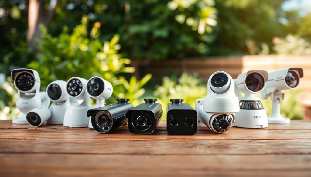 A comparison of outdoor security cameras arranged on a wooden surface, showcasing their diverse features and capabilities. In the foreground, a lineup of different camera models, each with distinct designs, lens sizes, and mounting options. The middle ground features a well-lit, natural setting with lush greenery, hinting at the cameras' intended use in a garden or backyard environment. The background is softly blurred, emphasizing the focal point of the camera comparison. Subtle shadows and highlights accentuate the contours and textures of the cameras, inviting the viewer to inspect the intricate details. The overall mood is one of technical precision and outdoor tranquility, reflecting the subject matter of selecting the right camera for home and property surveillance.