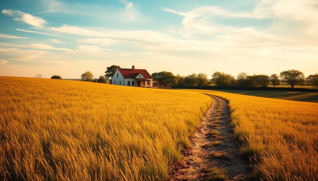 A countryside landscape with a rolling field in the foreground, a quaint farmhouse in the middle ground, and a hazy blue sky with wispy clouds overhead. The field is dotted with tall grasses swaying gently in a light breeze. A dirt path winds through the field, leading up to the farmhouse, which has a charming red-tiled roof and white-washed walls. The scene is bathed in warm, golden light, creating a serene and pastoral atmosphere. In the distance, a row of mature oak trees frame the edges of the property, adding depth and visual interest to the composition. The overall impression is one of tranquility and the peaceful process of reclaiming agricultural land. A countryside landscape with a rolling field in the foreground, a quaint farmhouse in the middle ground, and a hazy blue sky with wispy clouds overhead. The field is dotted with tall grasses swaying gently in a light breeze. A dirt path winds through the field, leading up to the farmhouse, which has a charming red-tiled roof and white-washed walls. The scene is bathed in warm, golden light, creating a serene and pastoral atmosphere. In the distance, a row of mature oak trees frame the edges of the property, adding depth and visual interest to the composition. The overall impression is one of tranquility and the peaceful process of reclaiming agricultural land.