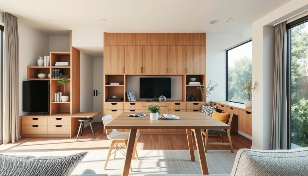 A cozy and functional small-scale interior design, showcasing creative space optimization techniques. In the foreground, a multi-purpose furniture piece doubles as a dining table and a work desk, surrounded by minimalist decor accents. The middle ground features a built-in storage unit with custom shelving, optimizing every inch. The background reveals an abundance of natural light streaming through large windows, creating an airy and open atmosphere. Muted color palette of whites, grays, and natural wood tones, complemented by tactile textures, convey a sense of calm and simplicity. The overall composition emphasizes clever spatial planning and practical solutions for making the most of limited square footage. A cozy and functional small-scale interior design, showcasing creative space optimization techniques. In the foreground, a multi-purpose furniture piece doubles as a dining table and a work desk, surrounded by minimalist decor accents. The middle ground features a built-in storage unit with custom shelving, optimizing every inch. The background reveals an abundance of natural light streaming through large windows, creating an airy and open atmosphere. Muted color palette of whites, grays, and natural wood tones, complemented by tactile textures, convey a sense of calm and simplicity. The overall composition emphasizes clever spatial planning and practical solutions for making the most of limited square footage.