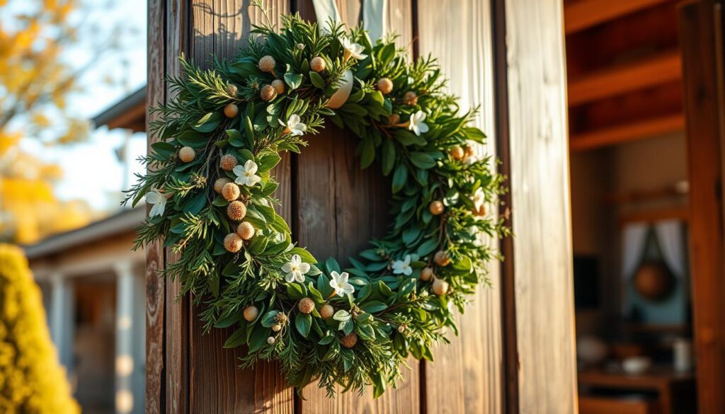 A cozy and inviting wreath hanging on a wooden door, bathed in warm, natural lighting. The foreground features an artfully crafted wreath made of lush, green foliage, interspersed with delicate white flowers and sprigs of dried berries. The middle ground showcases the wooden door frame, weathered and charming, complementing the organic wreath. In the background, a glimpse of a rustic, country-style home, with a touch of autumn ambiance in the soft, golden hues. The overall composition evokes a sense of homey, seasonal charm, perfectly capturing the essence of "Pomysły na wianek do domu".