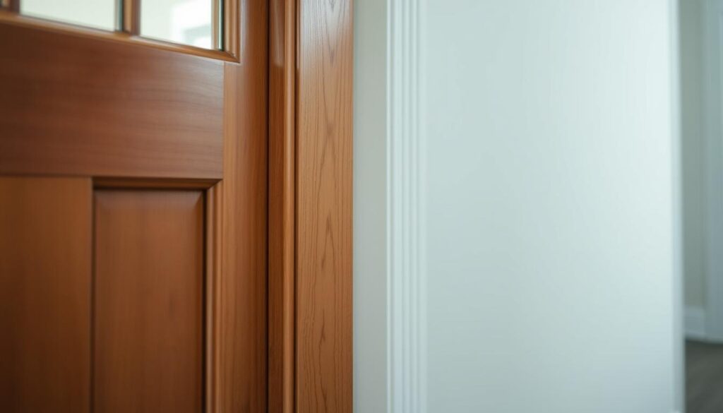 A cozy entryway with a wooden front door, its edges sealed tight against drafts. Weatherstripping lines the frame, creating an airtight barrier. The door's finish gleams in the soft, diffused lighting, highlighting its sturdy construction. In the background, a glimpse of a well-insulated wall, ensuring heat stays inside the home. The scene exudes a sense of warmth and comfort, inviting the viewer to step inside and experience the improved thermal efficiency. A cozy entryway with a wooden front door, its edges sealed tight against drafts. Weatherstripping lines the frame, creating an airtight barrier. The door's finish gleams in the soft, diffused lighting, highlighting its sturdy construction. In the background, a glimpse of a well-insulated wall, ensuring heat stays inside the home. The scene exudes a sense of warmth and comfort, inviting the viewer to step inside and experience the improved thermal efficiency.