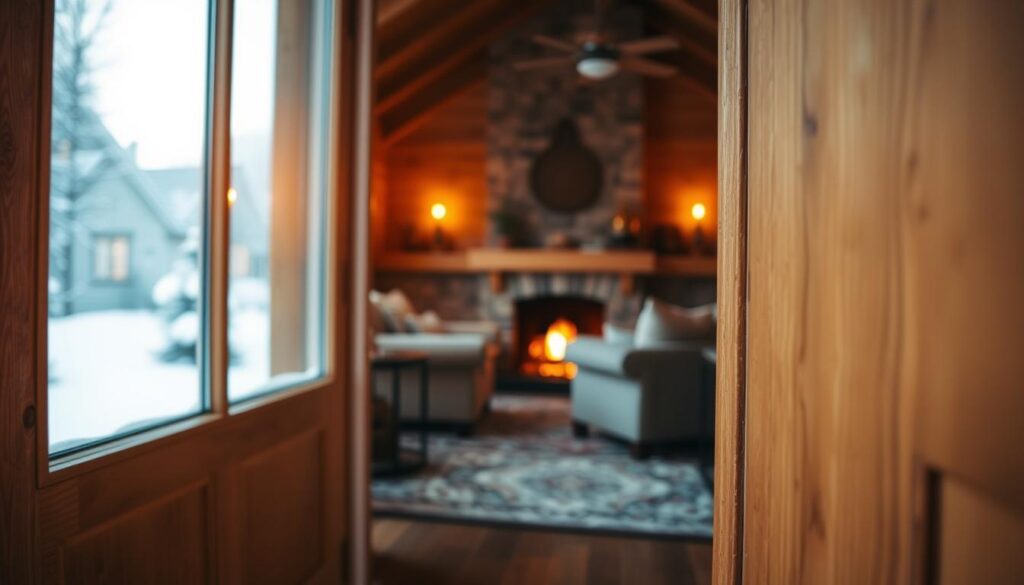 A cozy interior scene showcasing the importance of well-insulated entry doors. In the foreground, a closeup view of a wooden door frame, its edges sealed with weatherstripping to prevent drafts. The door's surface features a subtle texture, hinting at its insulating properties. In the middle ground, a warm, inviting living room comes into view, with plush furnishings and a roaring fireplace, conveying a sense of comfort and energy efficiency. The background depicts a snowy, wintry landscape outside, emphasizing the door's role in maintaining a comfortable indoor climate and reducing heating costs. Soft, diffused lighting casts a golden glow, creating an atmosphere of homeliness and tranquility.