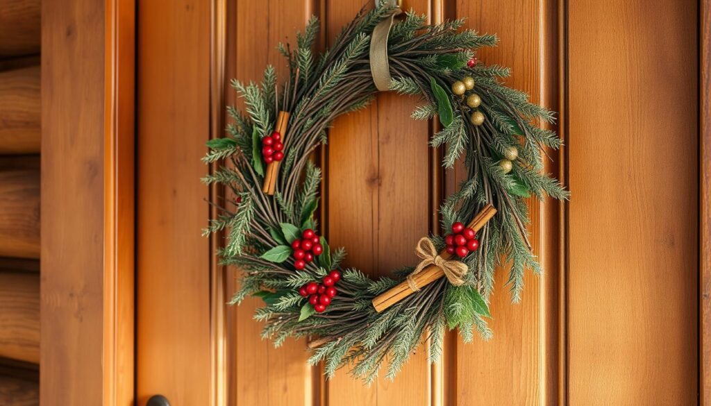 A cozy, natural wreath adorning a rustic wooden door, its intricate design complementing the warm, earthy tones of the entryway. Delicate pine branches, festive sprigs of holly, and fragrant cinnamon sticks create a harmonious blend, exuding the inviting aroma of the holiday season. Soft, diffused lighting casts a gentle glow, highlighting the tactile textures and subtle hues that seamlessly integrate with the architectural details of the doorframe. The wreath's elegant yet understated elegance reflects the homeowner's refined aesthetic, perfectly suited for a classic, timeless setting. A cozy, natural wreath adorning a rustic wooden door, its intricate design complementing the warm, earthy tones of the entryway. Delicate pine branches, festive sprigs of holly, and fragrant cinnamon sticks create a harmonious blend, exuding the inviting aroma of the holiday season. Soft, diffused lighting casts a gentle glow, highlighting the tactile textures and subtle hues that seamlessly integrate with the architectural details of the doorframe. The wreath's elegant yet understated elegance reflects the homeowner's refined aesthetic, perfectly suited for a classic, timeless setting.