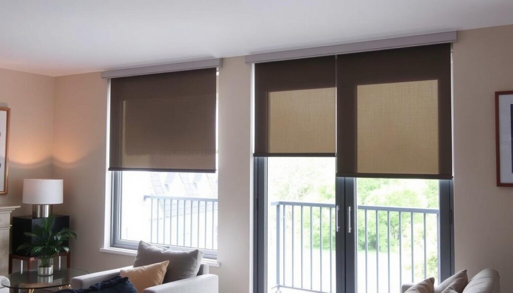 A cozy, well-lit room with a set of elegant day and night roller blinds installed on a balcony door. The blinds feature a clean, minimalist design with a combination of light-filtering and blackout panels that can be adjusted to control the amount of natural light entering the space. The room has a warm, inviting atmosphere, with soft lighting and natural textures like wood or stone accents. The roller blinds are the focal point, showcasing their versatility and seamless integration into the interior design. The image should convey the practical and aesthetic benefits of day and night roller blinds for a balcony door.