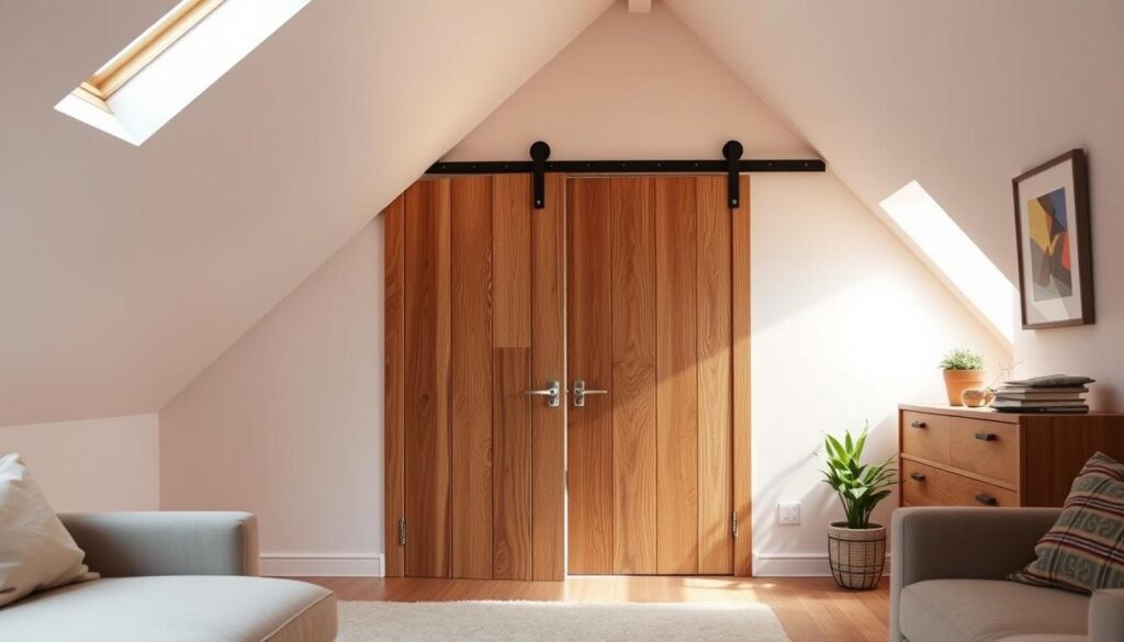 A cozy, well-lit room with a slanted ceiling and a set of unique, custom-built doors. The doors feature a blend of natural wood grains, complemented by sleek, modern hardware. Warm, focused lighting highlights the intricate textures and craftsmanship, creating a inviting atmosphere. The doors seamlessly integrate into the space, showcasing a harmonious intersection of form and function. Carefully curated decor, such as potted plants and minimal wall art, add a touch of personality, while the overall composition emphasizes the focal point of the doors and their integration with the angled architecture.