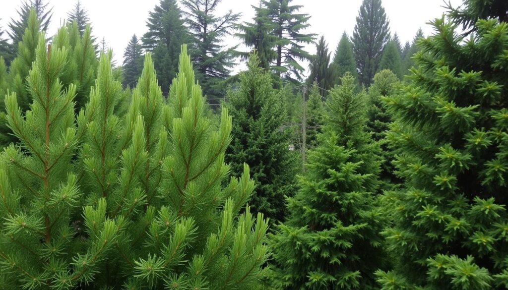 A dense, lush evergreen garden landscape with a variety of towering coniferous trees. In the foreground, a cluster of tall, slender pine trees with delicate, wispy needles. In the middle ground, a mix of different fir and spruce trees, their broad, dense branches casting deep, cool shadows. In the background, a distant line of majestic, stately cedars and junipers, their reddish-brown trunks and branches reaching up to the overcast, softly-lit sky. The scene has a serene, tranquil atmosphere, the trees providing a verdant, cosseting ambience perfect for a shaded, peaceful garden retreat.
