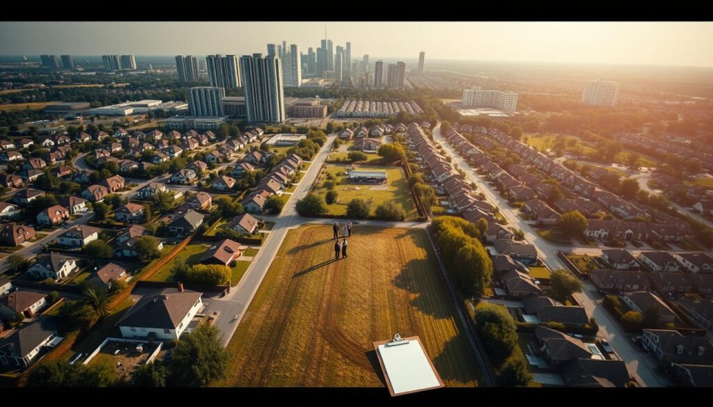 A detailed aerial view of a well-organized residential area, with rows of neatly arranged houses and plots of land. In the foreground, a large plot of land is highlighted, with a measuring tape and clipboard nearby, suggesting a property assessment or valuation in progress. The middle ground features a group of people, likely real estate professionals, discussing the plot and comparing it to surrounding properties. In the background, a city skyline with modern high-rise buildings sets the scene. The lighting is soft and natural, creating a warm, professional atmosphere conducive to the process of comparative property valuation.