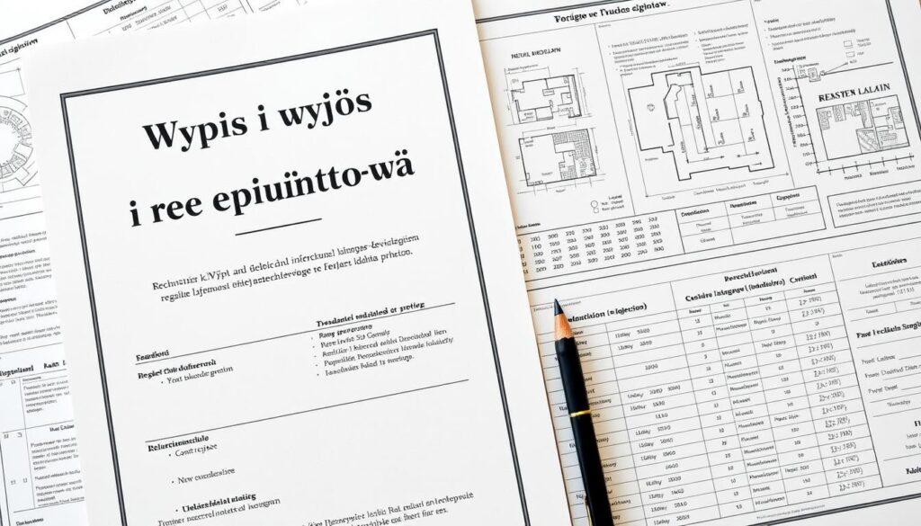 A detailed and neatly organized land registry document, rendered in a realistic, high-resolution style. The document's cover page features a prominently displayed title "Wypis i wyrys rejestru gruntów" in an official-looking typeface. The document's interior pages showcase detailed diagrams, technical drawings, and tables of land plot information, all rendered with precise linework and muted colors evocative of official government paperwork. The overall composition emphasizes the authoritative, bureaucratic nature of this essential real estate document.