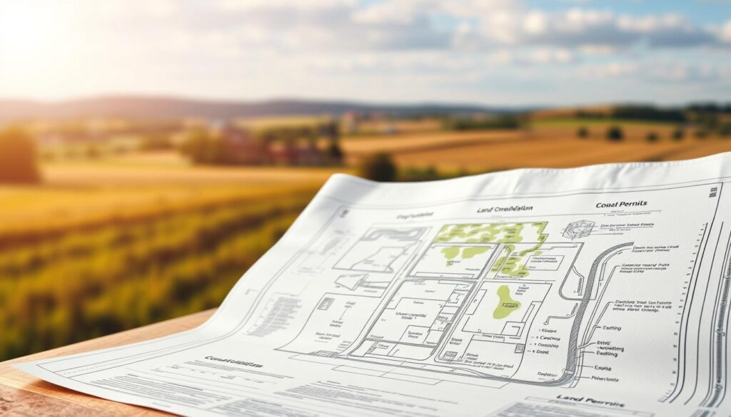 A detailed architectural blueprint depicting the intricate process of land consolidation and its relationship to construction permits. In the foreground, a schematic representation of the legal procedures and regulations governing the subdivision and merging of land parcels. The middle ground showcases a technical diagram illustrating the zoning, easements, and infrastructure considerations that must be navigated. In the background, a realistic rendering of a serene rural landscape, hinting at the geographical context in which these complex land use decisions unfold. The scene is illuminated by warm, natural lighting, capturing the gravity and nuance of this crucial aspect of urban and rural development. A detailed architectural blueprint depicting the intricate process of land consolidation and its relationship to construction permits. In the foreground, a schematic representation of the legal procedures and regulations governing the subdivision and merging of land parcels. The middle ground showcases a technical diagram illustrating the zoning, easements, and infrastructure considerations that must be navigated. In the background, a realistic rendering of a serene rural landscape, hinting at the geographical context in which these complex land use decisions unfold. The scene is illuminated by warm, natural lighting, capturing the gravity and nuance of this crucial aspect of urban and rural development.
