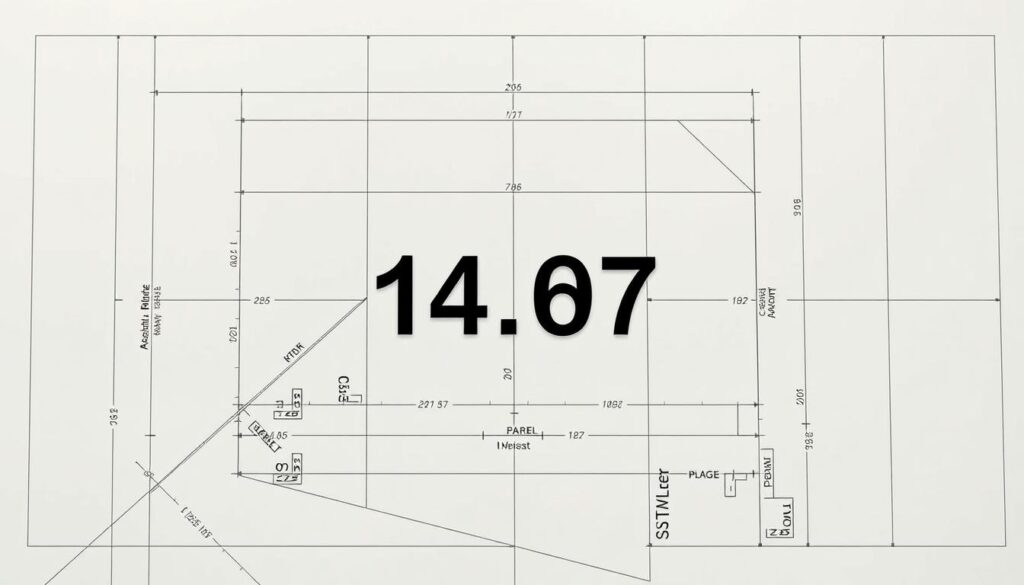 A detailed architectural blueprint of a geodesic survey plan, showcasing the parcel number and land boundaries against a clean, minimalist background. The plan is rendered in a technical, engineering-style illustration with precise measurements, lines, and angles. Muted colors like grays, blues, and greens create a professional, authoritative atmosphere. The focal point is the parcel number prominently displayed, surrounded by the survey lines and coordinates. The overall composition conveys a sense of order, precision, and official documentation related to the land property.