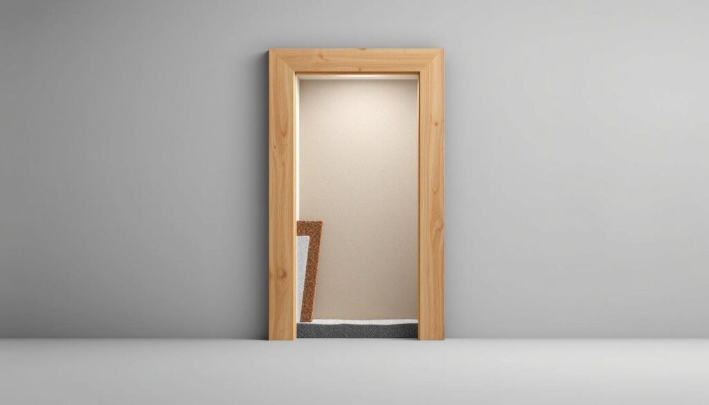 A detailed architectural cross-section showcasing the acoustic insulation properties of a door. The foreground features the door's internal construction, highlighting the layered materials and design elements that contribute to its sound-dampening capabilities. The middle ground presents a cutaway view, exposing the door's core and insulation components. The background depicts a neutral, muted color palette to emphasize the technical focus. Utilize realistic textures, carefully placed lighting, and precise angles to convey the nuanced details of the door's acoustic insulation system. Aim for a clean, informative aesthetic that supports the article's technical comparison of door types and their associated properties.