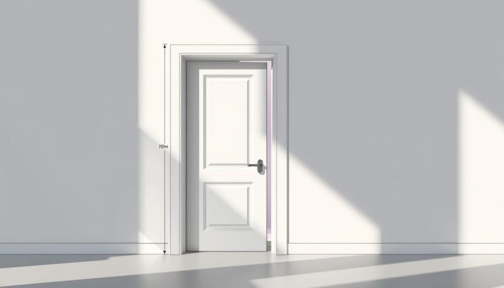 A detailed architectural drawing of a standard 70 cm door frame opening, viewed from the side. The opening is depicted with precise measurements, showcasing the dimensions of the 70 cm door and the surrounding fixed doorframe. The scene is illuminated by soft, natural lighting, casting subtle shadows that accentuate the depth and contours of the construction. The image presents a clean, technical aesthetic, with a focus on the accurate representation of the door's physical specifications to illustrate the section's subject matter.