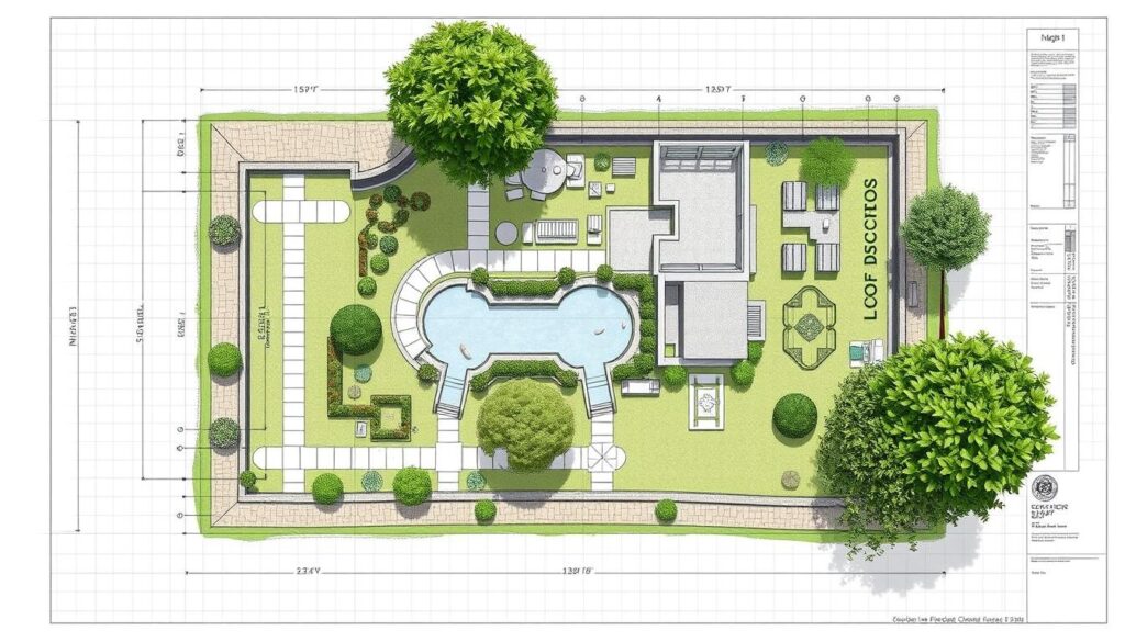 A detailed architectural site plan of a well-designed garden plot, showcasing the planned layout, dimensions, and landscape features. The plan is rendered in a clean, technical style with precise measurements and annotations, presented on a grid-based background. The foreground highlights the main design elements - paths, planted areas, water features, and architectural structures. The middle ground incorporates mature trees, shrubbery, and garden furniture to provide a sense of scale and purpose. The background subtly suggests the surrounding environment, with minimal distractions to allow the viewer to focus on the plot's organization and design. The overall mood is one of thoughtful planning and harmonious integration of the garden within its setting.