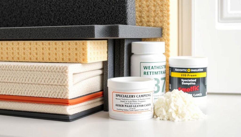 A detailed close-up of various sound insulation materials for door installation, including dense acoustic foam panels, thick rubber gaskets, weatherstripping, and specialized damping compounds. The materials are arranged neatly on a clean, well-lit surface, showcasing their textures, colors, and intended uses for effective sound dampening. The lighting is soft and diffused, creating a calm, professional atmosphere suited for an informative article on door soundproofing. The composition emphasizes the technical details and practical application of these essential acoustic accessories.