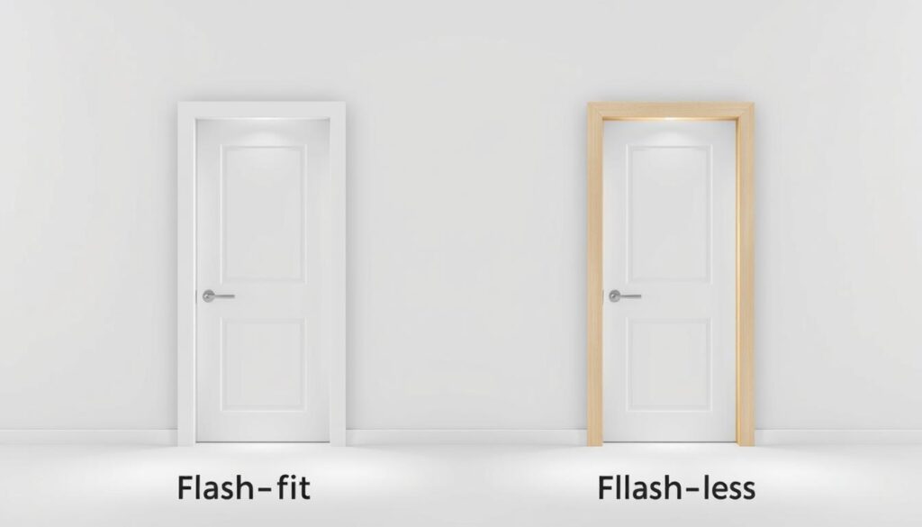 A detailed comparison of flush-fit and flush-less doors, showcased in a clean, minimalist rendering. The foreground highlights the key differences in door frame design, with a flush-fit door on the left and a flush-less door on the right, both illuminated by soft, directional lighting. The middle ground features a neutral background, allowing the doors to take center stage. The overall mood is one of technical precision and objectivity, inviting the viewer to closely examine the distinct features of each door type. The angles and perspectives are carefully chosen to accentuate the unique characteristics of flush-fit and flush-less door constructions. A detailed comparison of flush-fit and flush-less doors, showcased in a clean, minimalist rendering. The foreground highlights the key differences in door frame design, with a flush-fit door on the left and a flush-less door on the right, both illuminated by soft, directional lighting. The middle ground features a neutral background, allowing the doors to take center stage. The overall mood is one of technical precision and objectivity, inviting the viewer to closely examine the distinct features of each door type. The angles and perspectives are carefully chosen to accentuate the unique characteristics of flush-fit and flush-less door constructions.