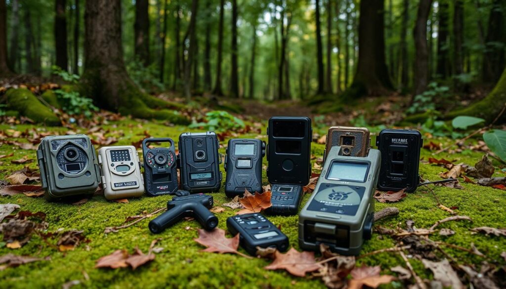 A detailed comparison of wildlife camera traps in a natural outdoor setting. A group of various camera trap models arranged on a lush green forest floor, with fallen leaves, moss, and soft lighting filtering through the trees. The camera traps are shown from multiple angles, highlighting their distinct designs, features, and capabilities. The scene conveys a sense of exploration and evaluation, inviting the viewer to closely examine the technical specifications and differences between the camera trap options. The overall composition emphasizes the importance of carefully selecting the right wildlife camera trap for a specific outdoor application.