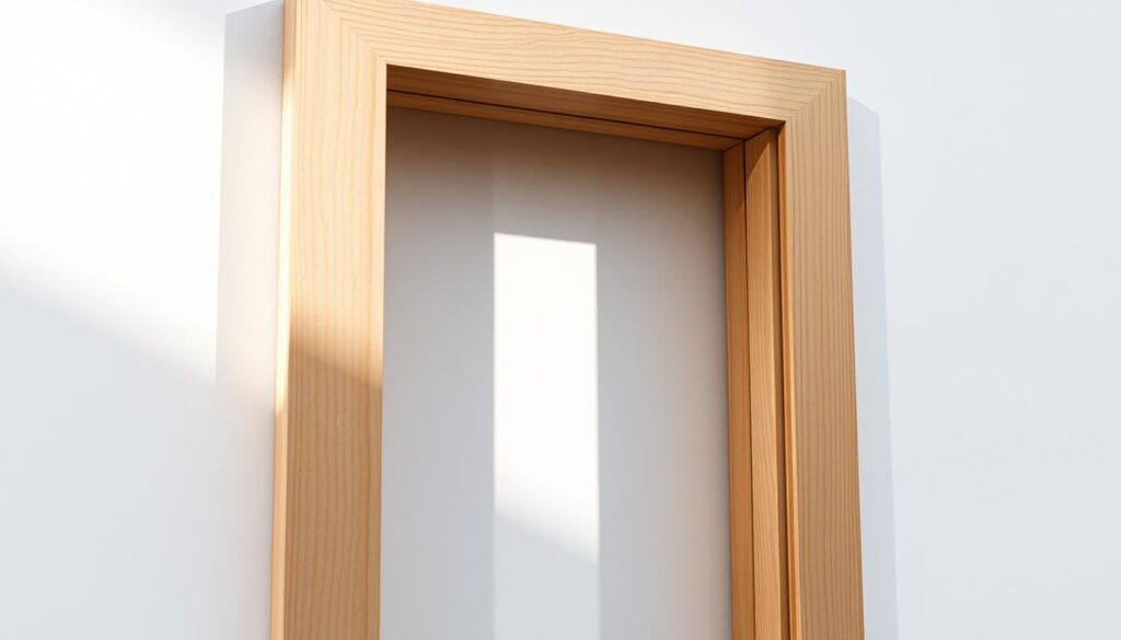 A detailed cross-section view of an exterior door frame, showcasing the dimensional space for the door. The frame is made of sturdy wood, with a smooth finish and a warm, natural tone. The cutout in the frame is slightly larger than the standard door size, leaving an adjustable gap to accommodate variations in door dimensions. The scene is well-lit, with soft, natural lighting from the side, creating subtle shadows and highlights that accentuate the textural details of the wood. The background is a clean, neutral color, allowing the focus to remain on the technical aspects of the door frame and the solution for a non-standard door opening.