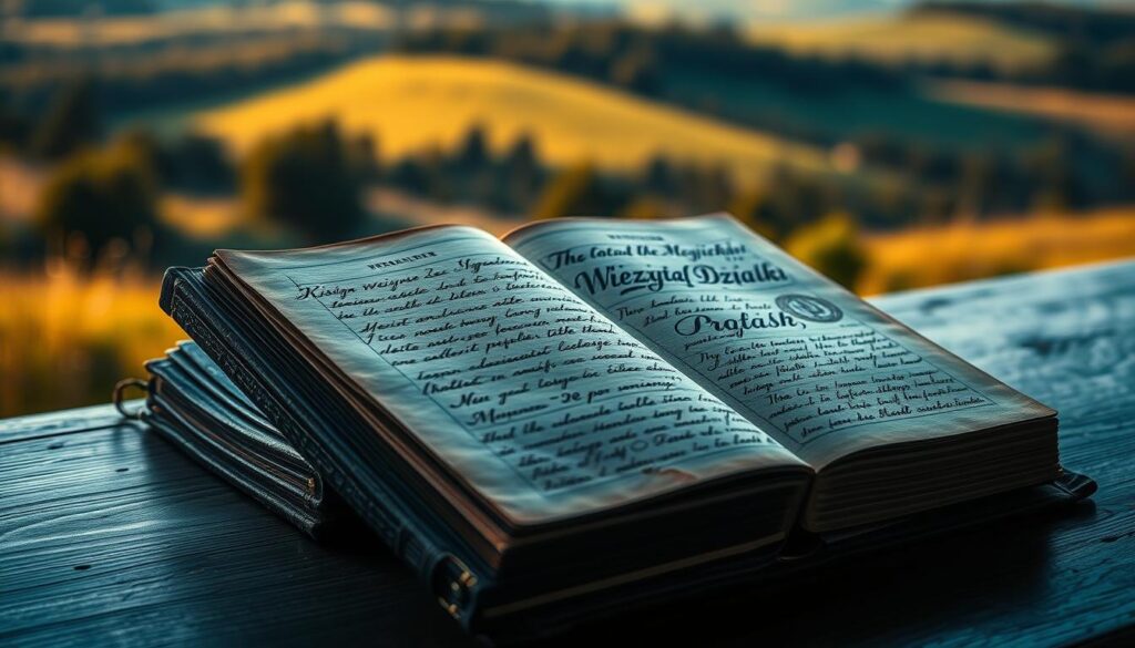A detailed hardbound book with a weathered leather cover lies open on a dark oak table, its pages revealing the intricate cursive script and official seals of a land registry record. Soft, warm lighting casts a gentle glow, highlighting the tactile texture of the aged paper. The book's title, "Księga Wieczysta Działki," is prominently displayed, signifying its importance as a definitive source of property ownership information. In the background, a blurred landscape of rolling hills and lush greenery creates a tranquil, contemplative atmosphere, reflecting the significance of this legal document in understanding the history and status of a particular land parcel.