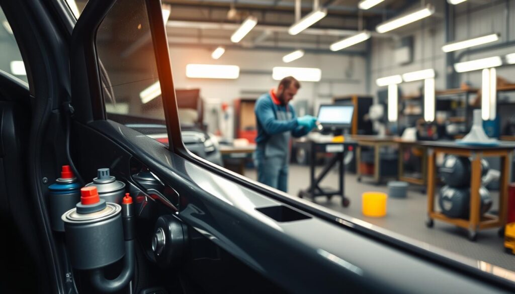 A detailed, high-quality image of the factors that influence the cost of car door painting. The foreground features an open car door, its surface reflecting the various tools and materials used in the painting process - sprayers, paint cans, sandpaper, masking tape. The middle ground shows a mechanic carefully applying a fresh coat of paint, while the background depicts a well-equipped auto body shop with specialized equipment and workstations. The lighting is warm and natural, highlighting the intricate textures and finishes. The overall atmosphere conveys the technical expertise and attention to detail required for a successful car door painting job. A detailed, high-quality image of the factors that influence the cost of car door painting. The foreground features an open car door, its surface reflecting the various tools and materials used in the painting process - sprayers, paint cans, sandpaper, masking tape. The middle ground shows a mechanic carefully applying a fresh coat of paint, while the background depicts a well-equipped auto body shop with specialized equipment and workstations. The lighting is warm and natural, highlighting the intricate textures and finishes. The overall atmosphere conveys the technical expertise and attention to detail required for a successful car door painting job.