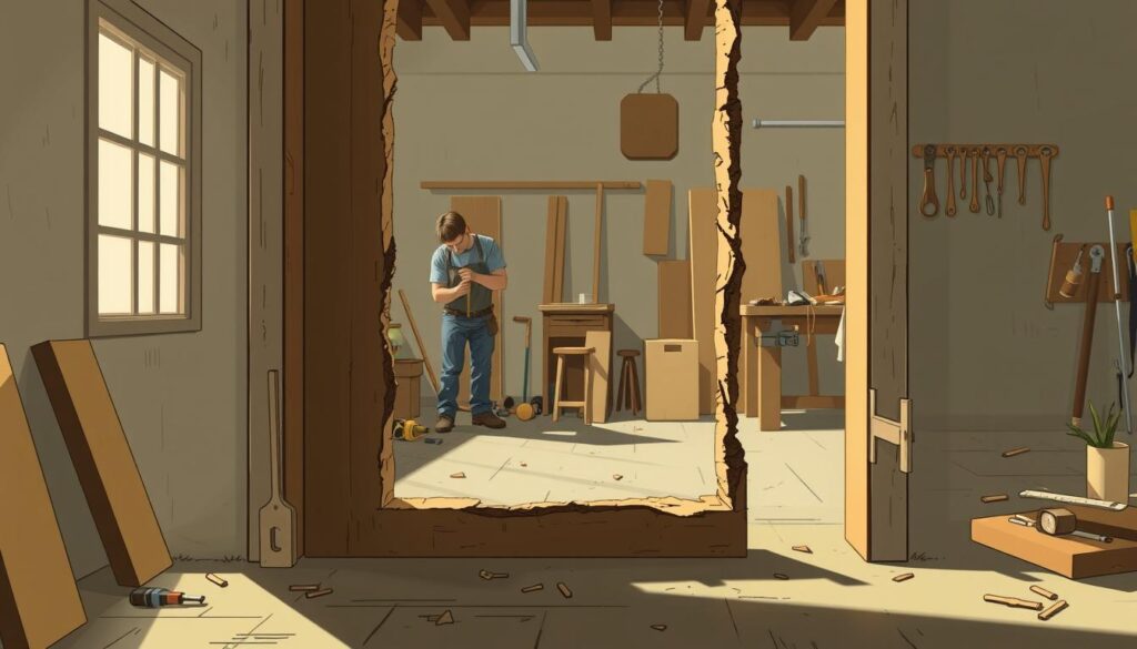 A detailed illustration of a partially finished doorway with a misaligned hole, showcasing the process of adjusting its size. The scene depicts a well-lit workshop setting, with tools and materials scattered nearby. In the foreground, the problematic hole is visible, its edges rough and uneven. The middle ground features a carpenter meticulously measuring and marking the area, planning the necessary modifications. In the background, a workbench with various woodworking implements, hinting at the skilled craftsmanship required to rectify the issue. The overall mood is one of focused problem-solving, with a sense of precision and attention to detail conveyed through the carefully composed elements.