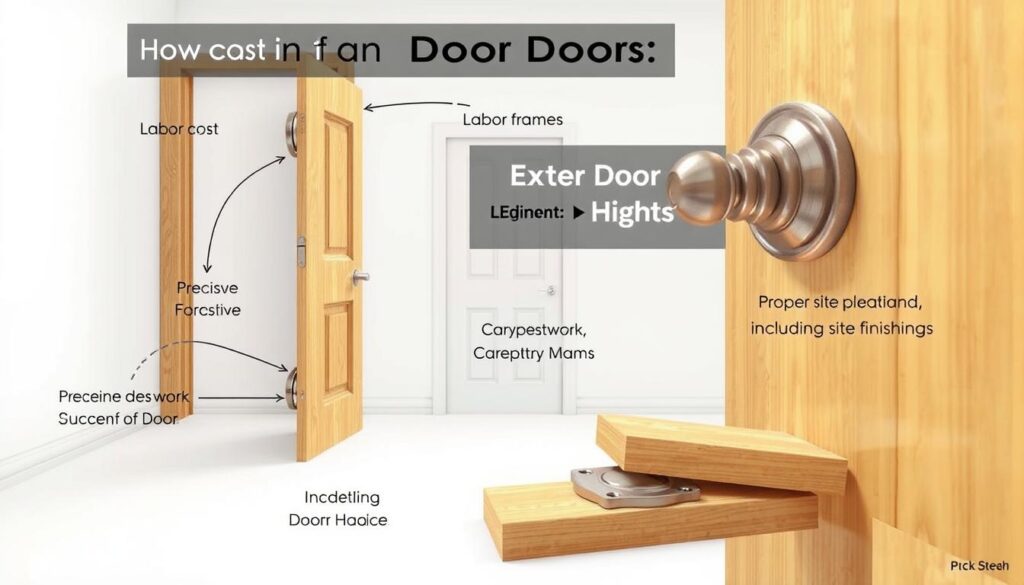 A detailed illustration of the key cost elements involved in the installation of an exterior door. In the foreground, prominent components such as the door frame, hinges, and lockset are depicted with intricate textures and precise dimensions. The middle ground showcases the labor-intensive tasks, like precise measurements, carpentry work, and the careful placement of the door. In the background, a clean, minimalistic environment highlights the importance of proper site preparation, including any necessary structural modifications or finishings. The scene is illuminated by soft, diffused lighting, creating a balanced and professional atmosphere suitable for an informative article on exterior door installation costs.