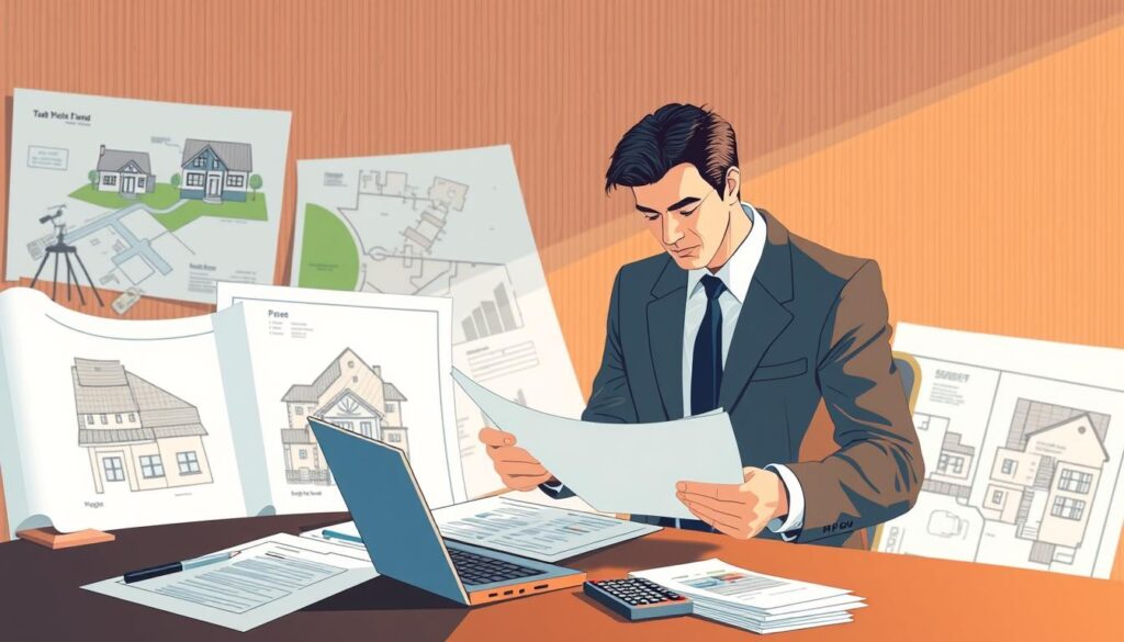 A detailed illustration of the tax procedure involved in selling a plot of land. A well-dressed professional stands at a desk, reviewing documents and consulting a laptop, with legal papers and a calculator visible. In the background, architectural plans and a map of real estate parcels provide context. Warm lighting creates an atmosphere of diligence and expertise, as the figure navigates the complex financial and legal aspects of the property transaction. A detailed illustration of the tax procedure involved in selling a plot of land. A well-dressed professional stands at a desk, reviewing documents and consulting a laptop, with legal papers and a calculator visible. In the background, architectural plans and a map of real estate parcels provide context. Warm lighting creates an atmosphere of diligence and expertise, as the figure navigates the complex financial and legal aspects of the property transaction.