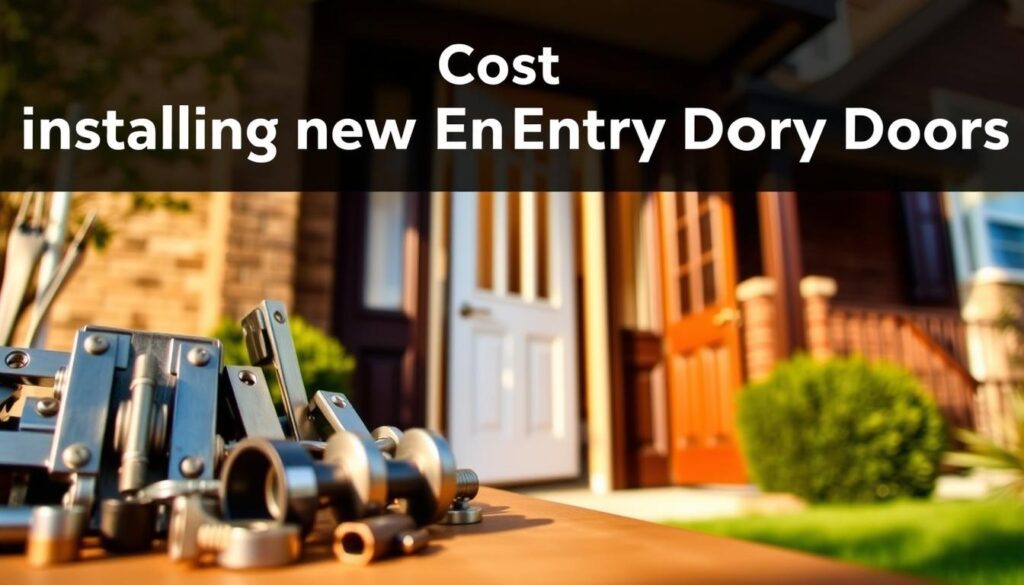 A detailed image of the cost factors involved in installing new front entry doors. Show the foreground with a selection of door hardware components like hinges, handles, and locks, mid-ground with a partially open door to reveal the framing and installation process, and background with a residential home exterior. Capture the scene with warm, natural lighting, a shallow depth of field, and a slightly elevated camera angle to provide an informative yet visually appealing perspective. Convey a sense of practicality and expertise surrounding the steps and expenses of upgrading a home's primary entryway.