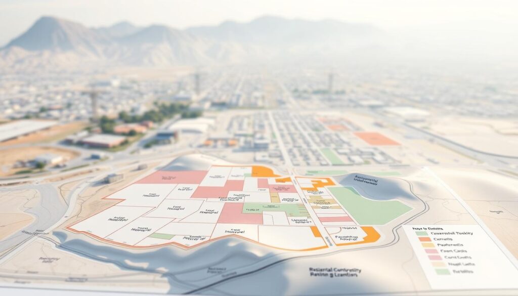 A detailed map of a construction site, showcasing the various land parcels and zoning information. The foreground displays the topographic layout of the site, with clearly demarcated plots and designated areas for residential, commercial, and industrial development. The middle ground features a grid of streets and infrastructure, with annotations indicating accessibility, utilities, and other key details. The background subtly blends into a hazy, atmospheric landscape, hinting at the broader geographical context. The lighting is natural and diffused, creating a sense of depth and dimension. The overall visual style is clean, informative, and easy to interpret, reflecting the practical nature of the subject matter. A detailed map of a construction site, showcasing the various land parcels and zoning information. The foreground displays the topographic layout of the site, with clearly demarcated plots and designated areas for residential, commercial, and industrial development. The middle ground features a grid of streets and infrastructure, with annotations indicating accessibility, utilities, and other key details. The background subtly blends into a hazy, atmospheric landscape, hinting at the broader geographical context. The lighting is natural and diffused, creating a sense of depth and dimension. The overall visual style is clean, informative, and easy to interpret, reflecting the practical nature of the subject matter.
