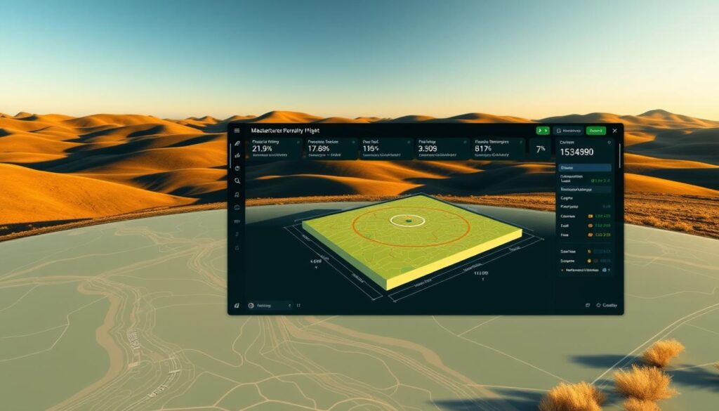 A detailed, modern web-based interface for measuring a land plot. In the foreground, a stylized map of a plot of land, with precise dimensions and measurements displayed in an intuitive dashboard. The middle ground features an interactive 3D model of the plot, allowing for detailed inspection from multiple angles. In the background, a serene landscape with rolling hills and a clear sky, setting a calming, professional tone. Warm lighting illuminates the scene, emphasizing the technology-driven, yet visually appealing nature of the online land measurement tool. The overall atmosphere conveys a sense of efficiency, clarity, and user-friendliness in assessing the dimensions of a real estate property.