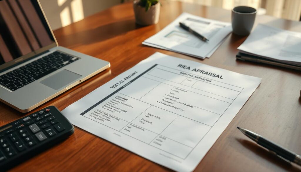 A detailed real estate appraisal report showing the various factors influencing the cost of a property valuation, such as location, size, condition, market trends, and professional expertise. The report is presented on a polished wooden desk, with a laptop, calculator, and documents scattered around. Soft, natural lighting illuminates the scene, casting warm shadows and creating a sense of contemplation and analysis. The overall mood is one of diligence and attention to detail, reflecting the care and expertise required in determining the accurate value of a real estate asset.