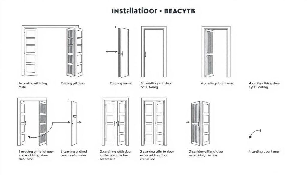A detailed step-by-step assembly manual for installing accordion-style folding doors in various types of door frames. The image shows the key components and installation steps from multiple angles, with clean line art diagrams and minimal text annotations. The scene is well-lit, with a neutral background that allows the instructional elements to take center stage. The overall tone is informative and technical, conveying the necessary information to properly install these types of doors in a residential setting.