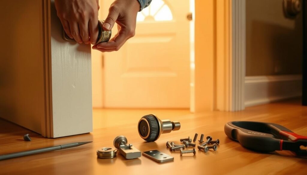 A detailed, step-by-step installation of a door lock mechanism. In the foreground, a pair of hands carefully aligning and securing the lock casing to the door frame, with a set of tools nearby. In the middle ground, the lock components laid out, including the deadbolt, strike plate, and screws. The background shows the door in context, providing a sense of scale and environment. Warm, soft lighting illuminates the scene, creating a welcoming and instructional atmosphere. The overall composition emphasizes the precise, methodical process of properly installing a door lock. A detailed, step-by-step installation of a door lock mechanism. In the foreground, a pair of hands carefully aligning and securing the lock casing to the door frame, with a set of tools nearby. In the middle ground, the lock components laid out, including the deadbolt, strike plate, and screws. The background shows the door in context, providing a sense of scale and environment. Warm, soft lighting illuminates the scene, creating a welcoming and instructional atmosphere. The overall composition emphasizes the precise, methodical process of properly installing a door lock.