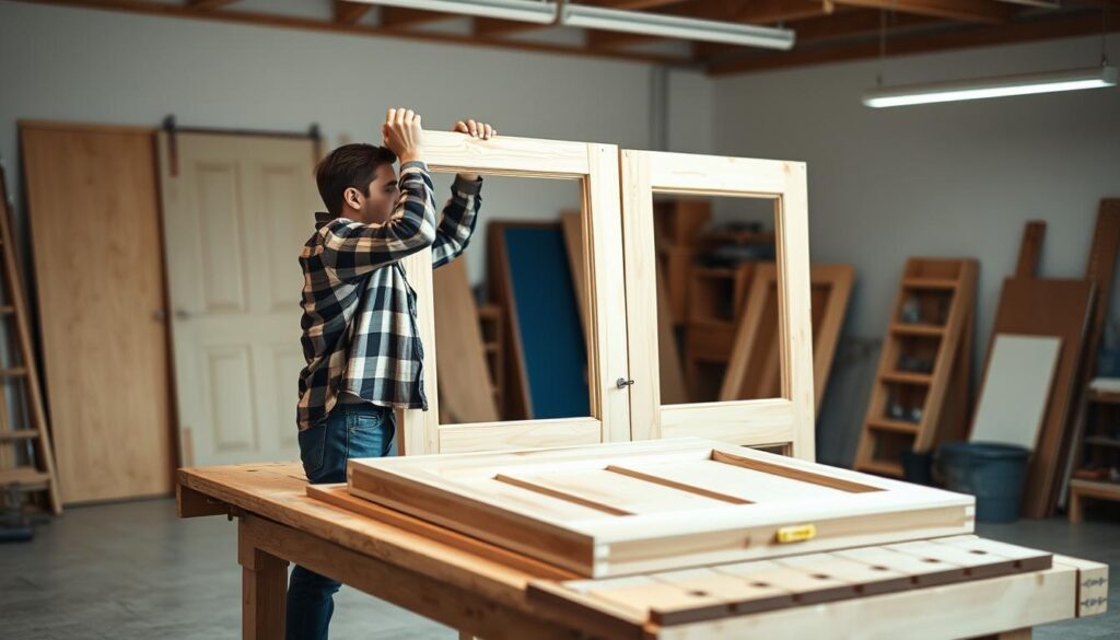 A detailed step-by-step installation of new doors on an old doorframe. Shown in a well-lit workshop setting, with the door and frame components laid out neatly on a wooden workbench. The technician, wearing a flannel shirt and jeans, is carefully measuring the frame and test-fitting the new door. Soft, diffused lighting illuminates the scene, highlighting the intricate carpentry work. The background is blurred, focusing the viewer's attention on the precise, methodical installation process. The image conveys a sense of skilled craftsmanship and attention to detail essential for a successful door replacement project.
