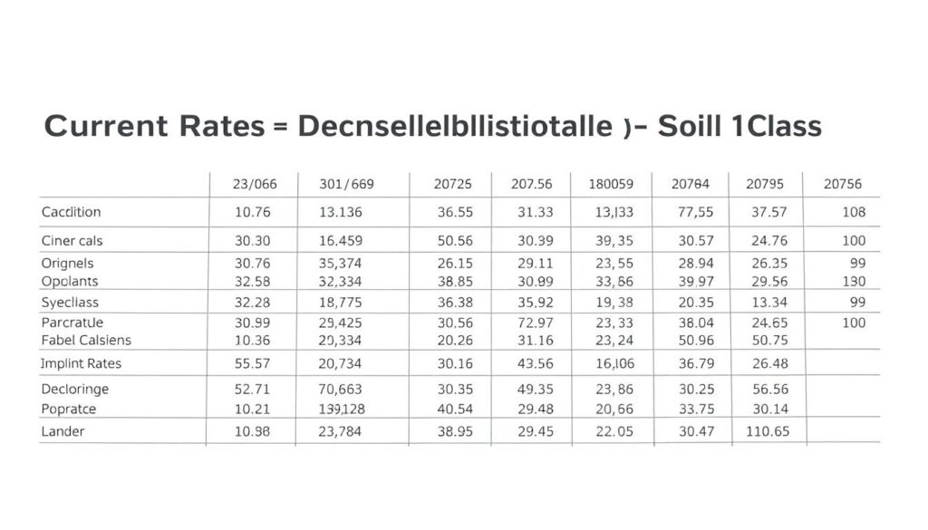 A detailed table of current land reclassification rates according to soil class, displayed on a clean, minimalist white background. The table features crisp, sans-serif typography arranged in a grid layout, with clear, legible labels and numerical values. The overall presentation is professional, informative, and designed to effectively convey the relevant data for the article's section on "Current Rates for Land Reclassification by Soil Class". Soft, even lighting creates a sense of clarity and precision, while a subtle, neutral color palette allows the content to take center stage. A detailed table of current land reclassification rates according to soil class, displayed on a clean, minimalist white background. The table features crisp, sans-serif typography arranged in a grid layout, with clear, legible labels and numerical values. The overall presentation is professional, informative, and designed to effectively convey the relevant data for the article's section on "Current Rates for Land Reclassification by Soil Class". Soft, even lighting creates a sense of clarity and precision, while a subtle, neutral color palette allows the content to take center stage.