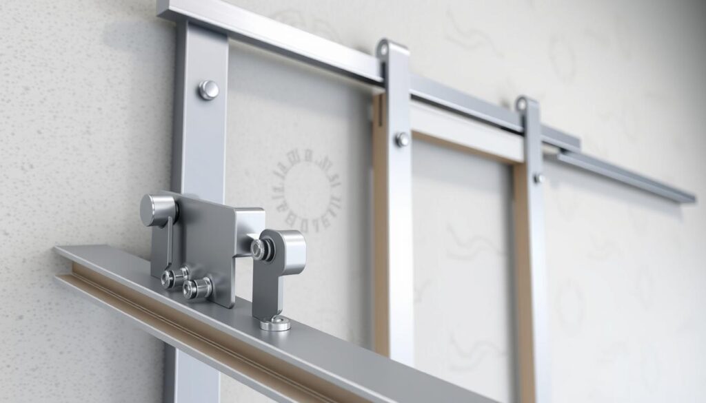 A detailed, technical diagram of a sliding door track installation. The foreground shows the track assembly with metal rails, brackets, and rollers, all rendered in realistic metallic textures. The middle ground features the sliding door frame, with its hinges and mechanisms precisely modeled. The background depicts the wall surface, with realistic materials and subtle ambient lighting creating depth and atmosphere. The overall composition emphasizes the functionality and engineering of the sliding door system, with a clean, technical aesthetic suitable for an instructional article. A detailed, technical diagram of a sliding door track installation. The foreground shows the track assembly with metal rails, brackets, and rollers, all rendered in realistic metallic textures. The middle ground features the sliding door frame, with its hinges and mechanisms precisely modeled. The background depicts the wall surface, with realistic materials and subtle ambient lighting creating depth and atmosphere. The overall composition emphasizes the functionality and engineering of the sliding door system, with a clean, technical aesthetic suitable for an instructional article.